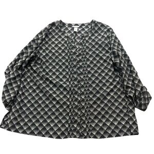 Catherines Ruffle Front Blouse Womens 3X Black White Geometric Roll Tab‎ Sleeve